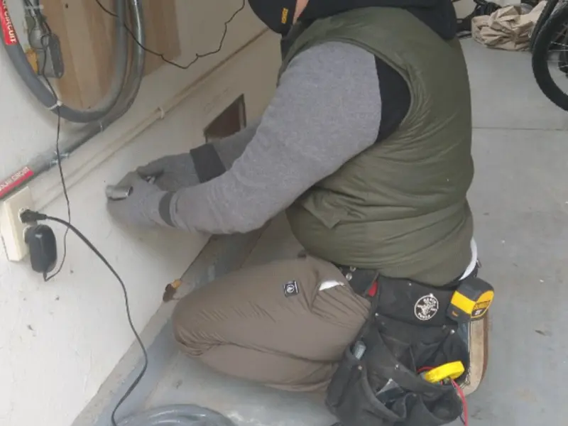 Electrician performing outlet wiring in a Hampstead garage